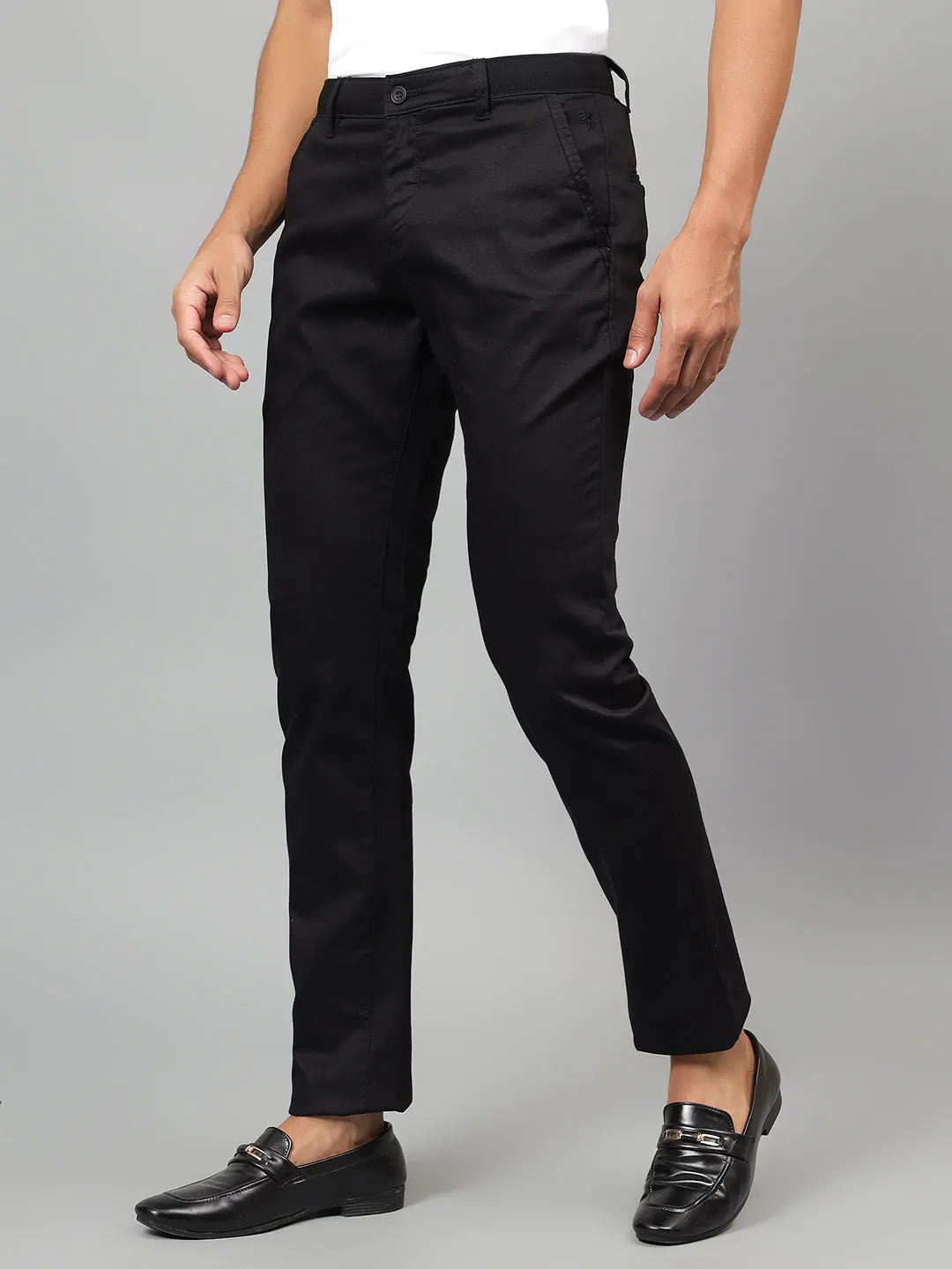 Men's Black Self-Design Non-Pleated Casual Trouser