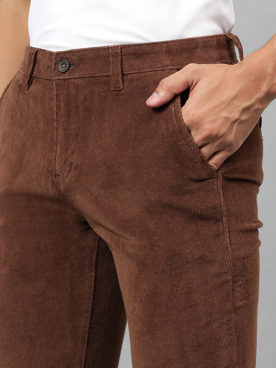 Men's Brown Self-Design Non-Pleated Casual Trouser