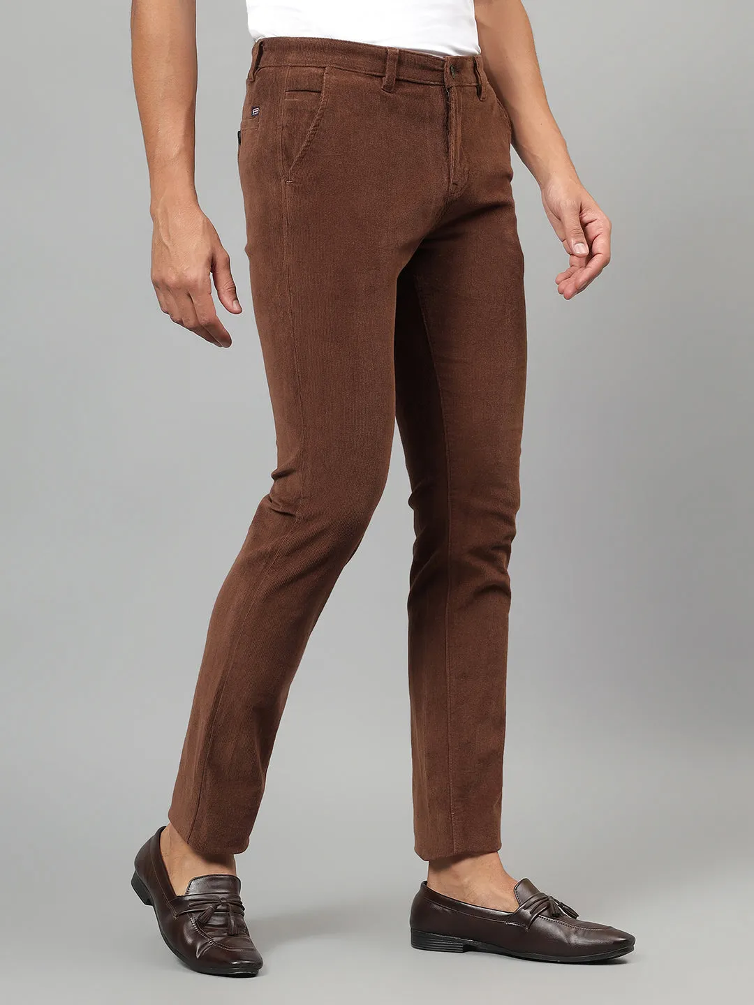 Men's Brown Self-Design Non-Pleated Casual Trouser