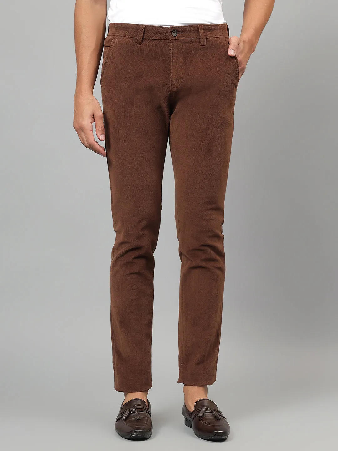 Men's Brown Self-Design Non-Pleated Casual Trouser