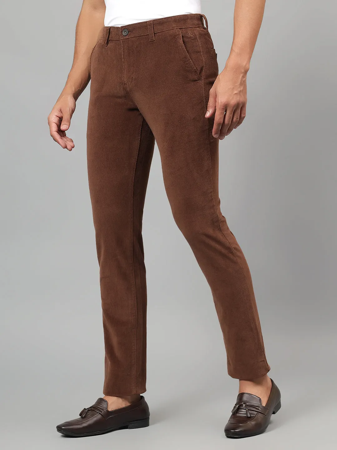 Men's Brown Self-Design Non-Pleated Casual Trouser