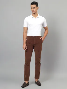 Men's Brown Self-Design Non-Pleated Casual Trouser