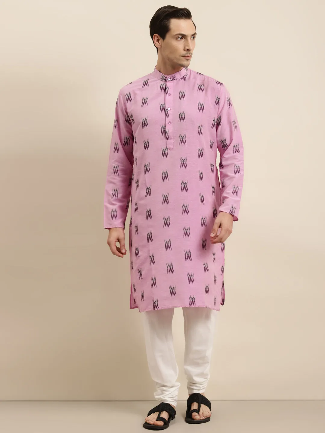 Men's Cotton Dark Pink & Black Kurta - Sojanya