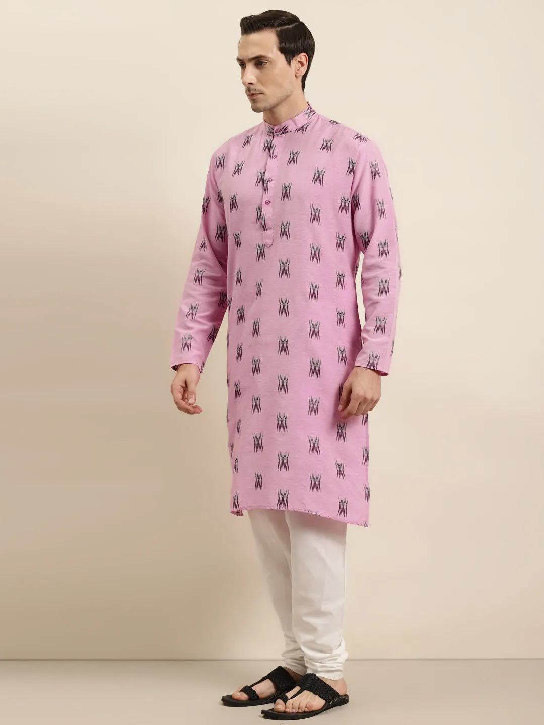 Men's Cotton Dark Pink & Black Kurta - Sojanya