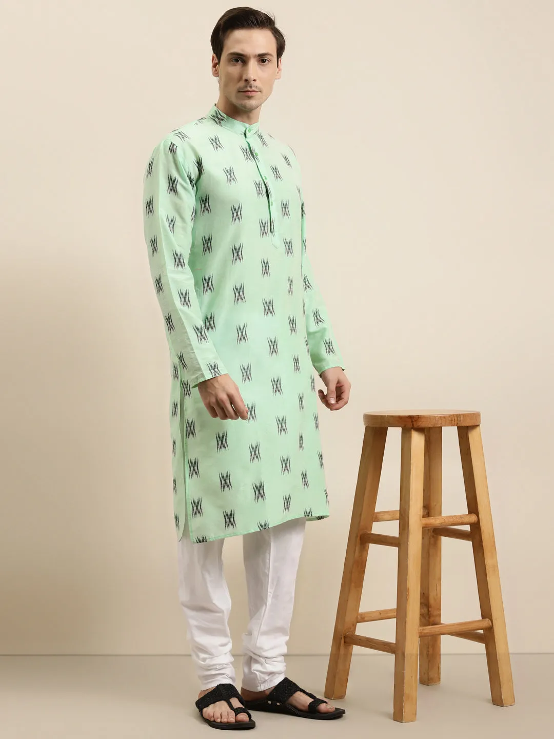 Men's Cotton Green & Black Kurta - Sojanya