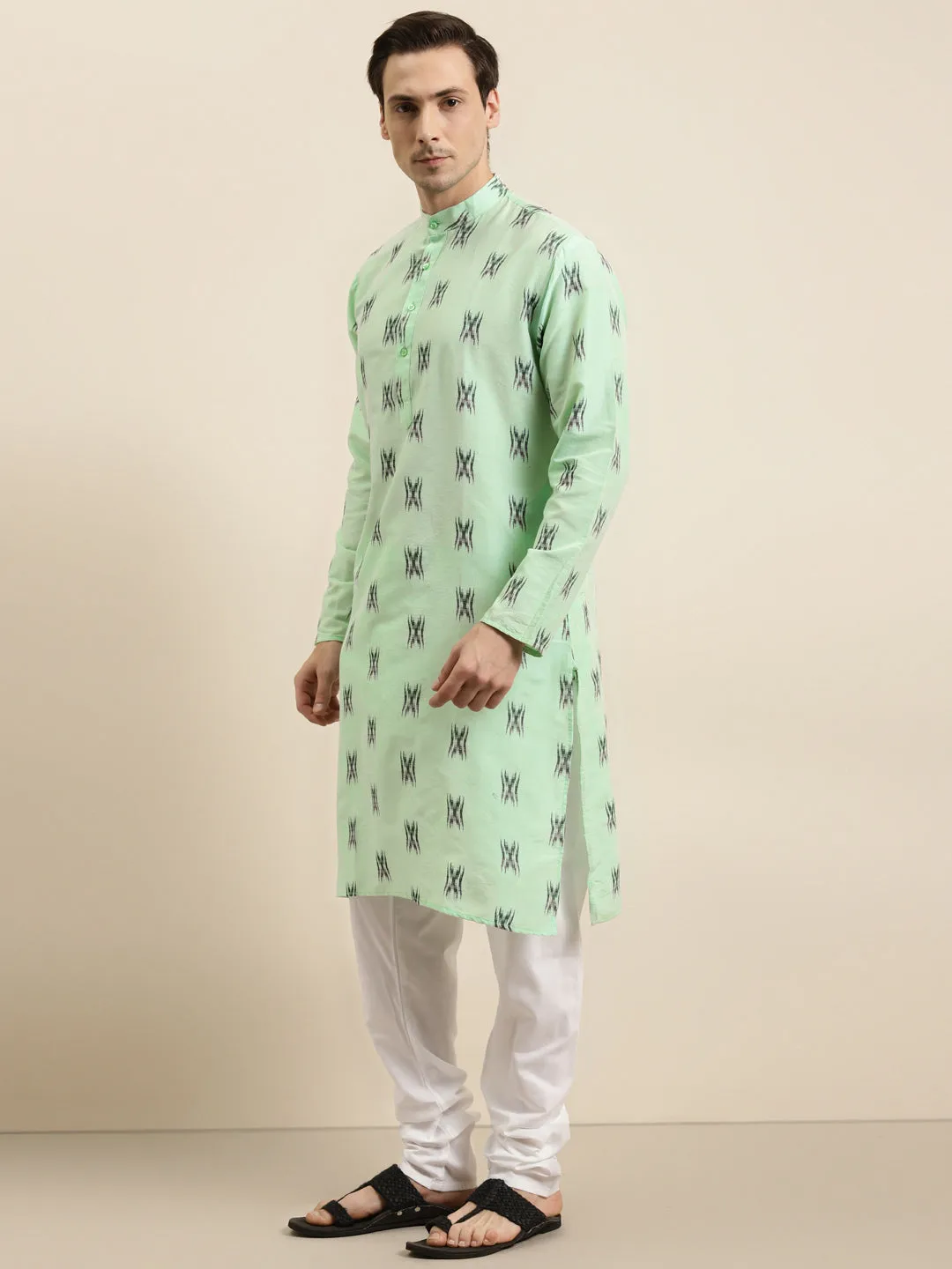 Men's Cotton Green & Black Kurta - Sojanya