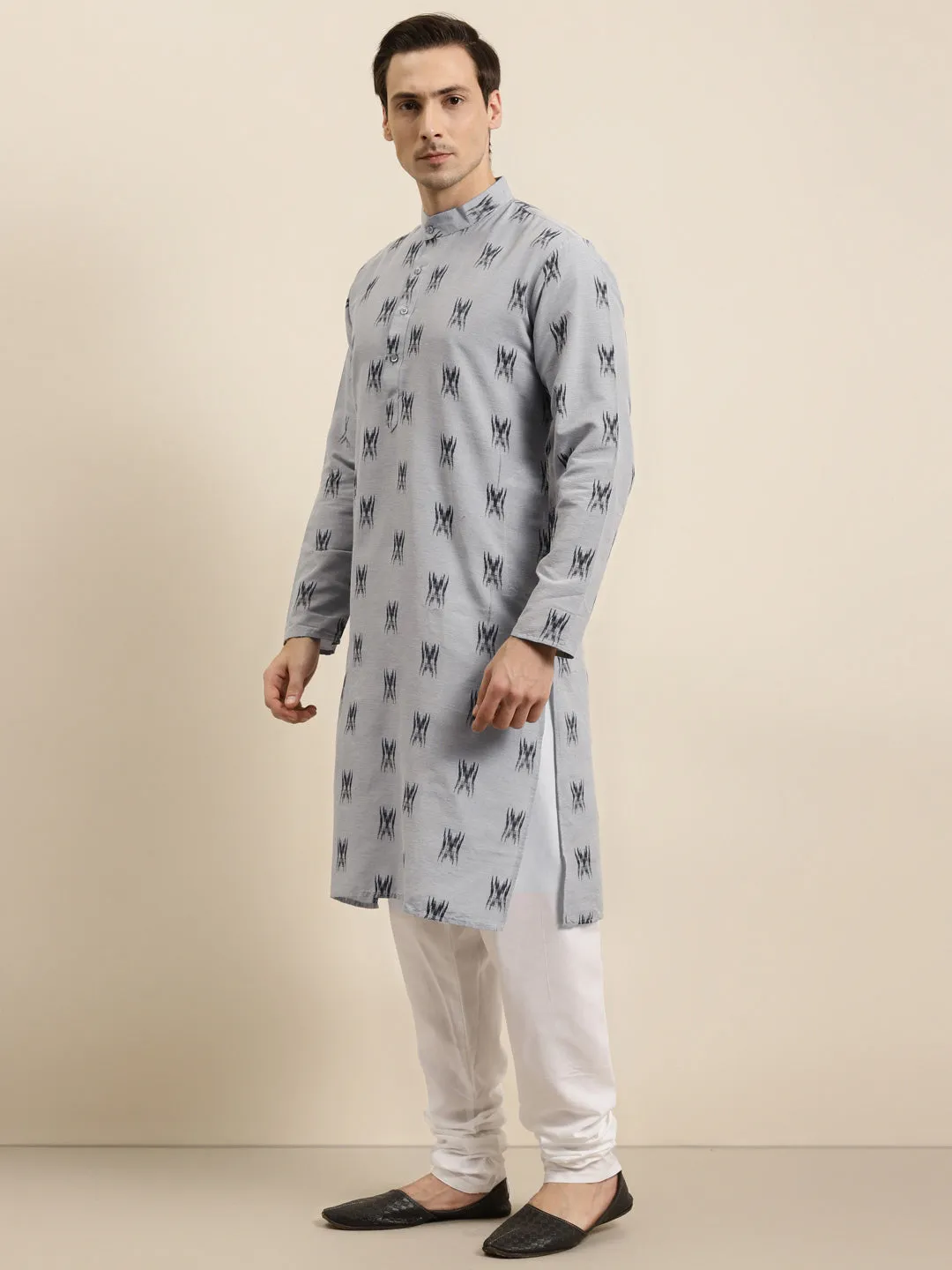 Men's Cotton Grey & Black Kurta  - Sojanya