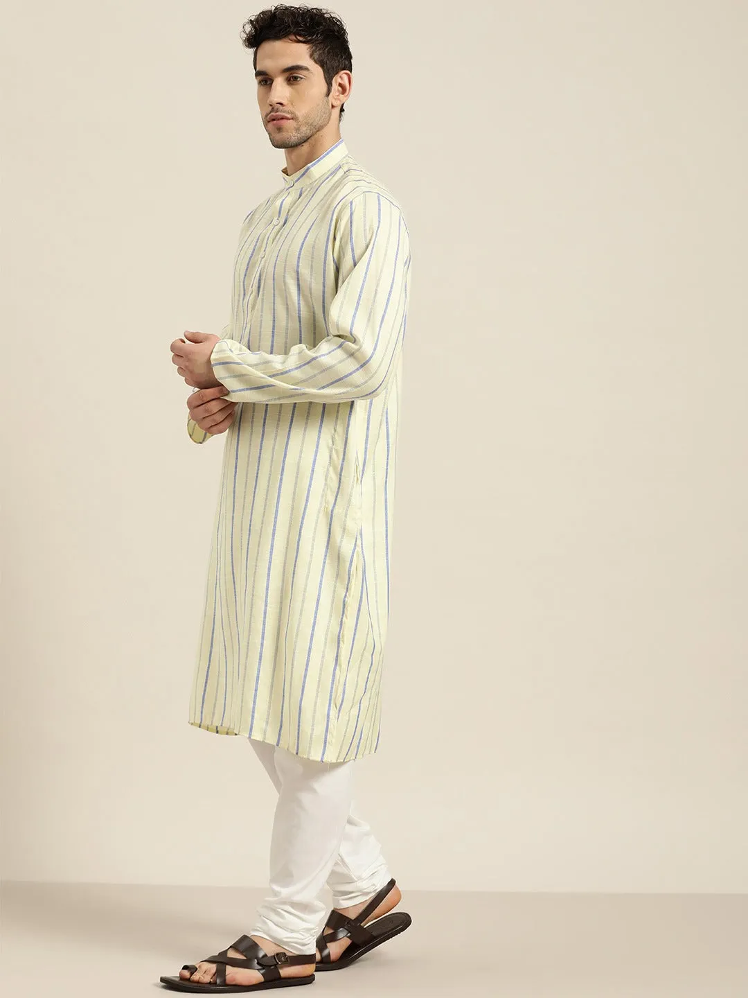 Men's Cotton Lemon Yellow Kurta & White Churidar Pyjama Set - Sojanya