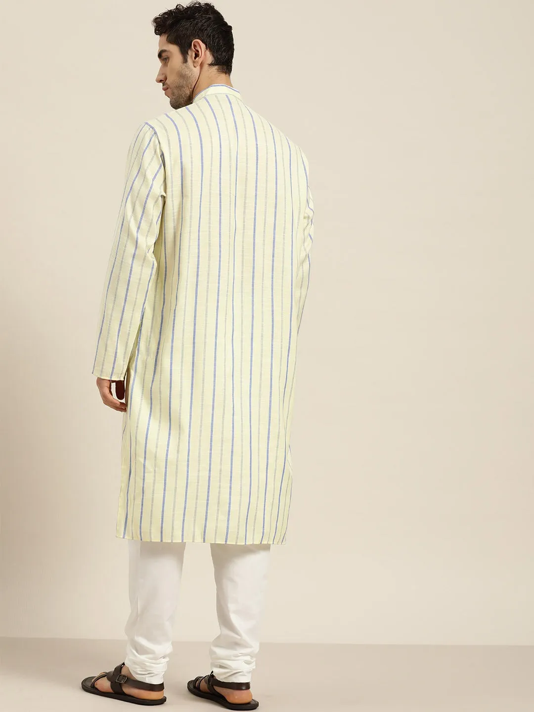 Men's Cotton Lemon Yellow Kurta & White Churidar Pyjama Set - Sojanya