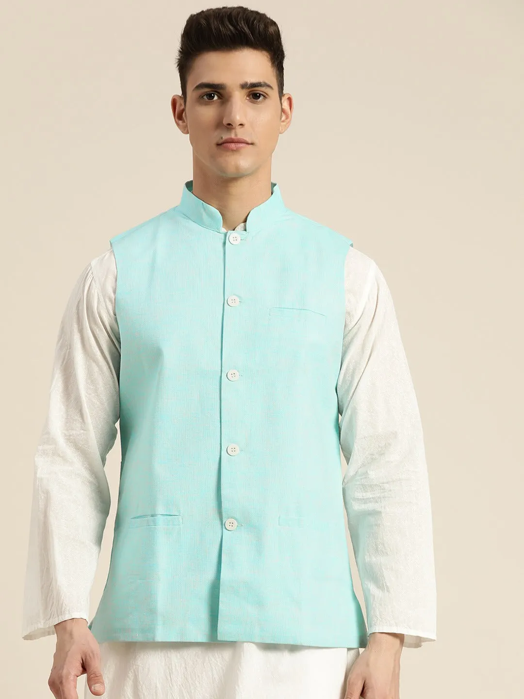 Men's Cotton Linen Blend Sky Blue Only Nehrujacket - Sojanya