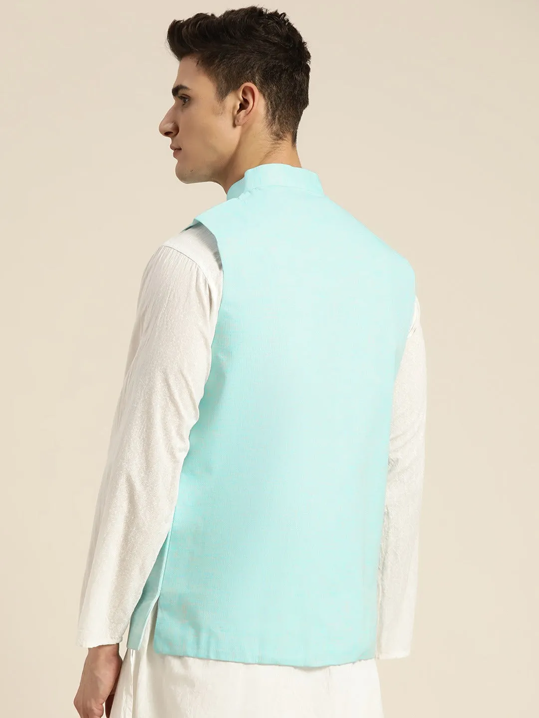 Men's Cotton Linen Blend Sky Blue Only Nehrujacket - Sojanya