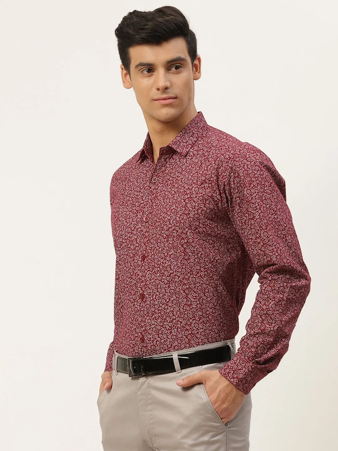 Mens Cotton Maroon & White Printed Formal Shirt - Sojanya