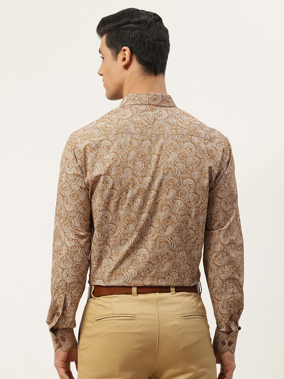 Mens Cotton Metallic Gold & White Printed Formal Shirt - Sojanya