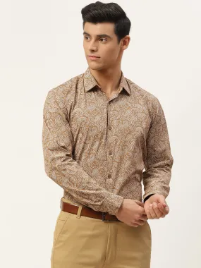 Mens Cotton Metallic Gold & White Printed Formal Shirt - Sojanya