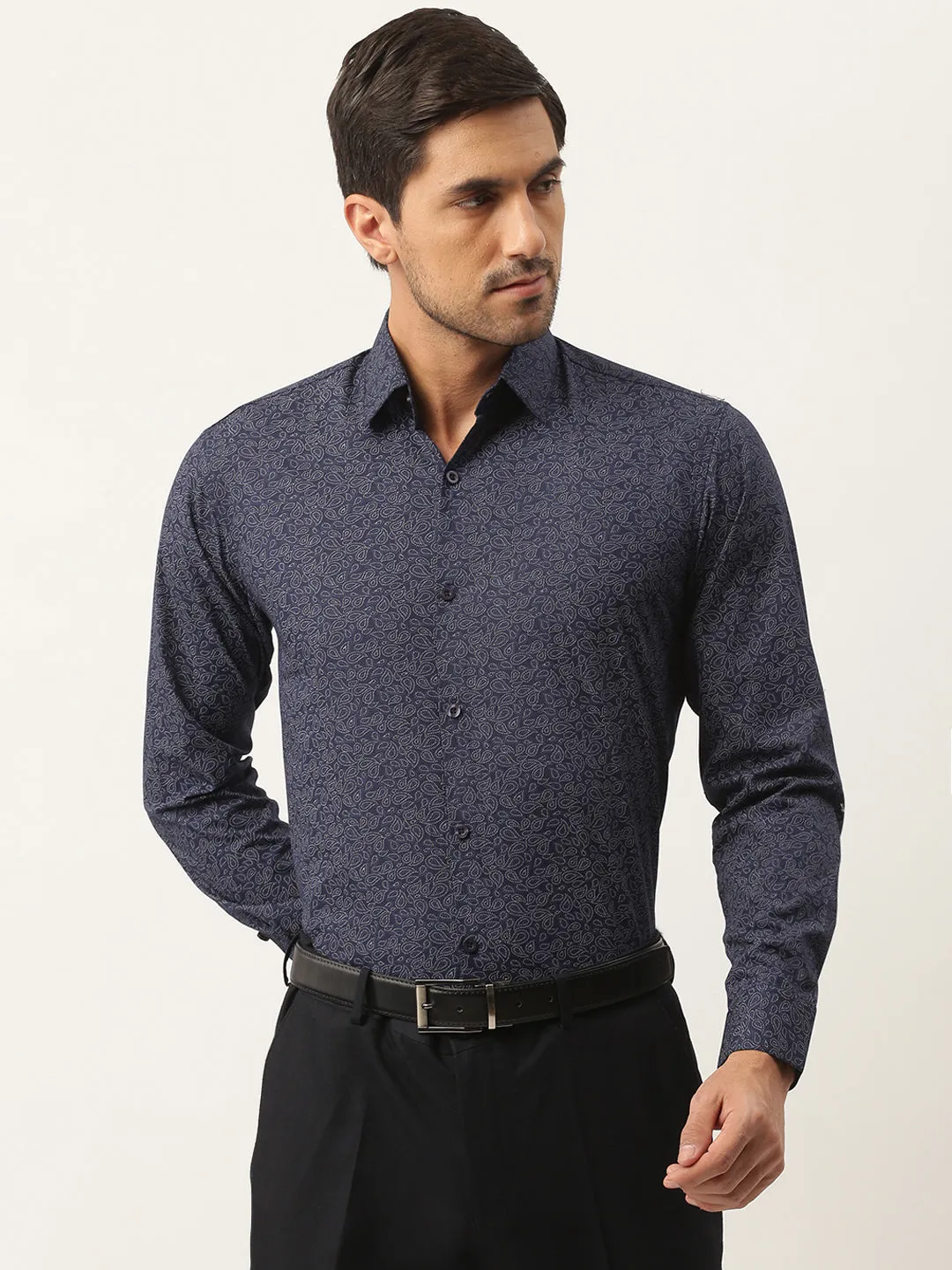 Mens Cotton Navy Blue & Silver Printed Formal Shirt - Sojanya