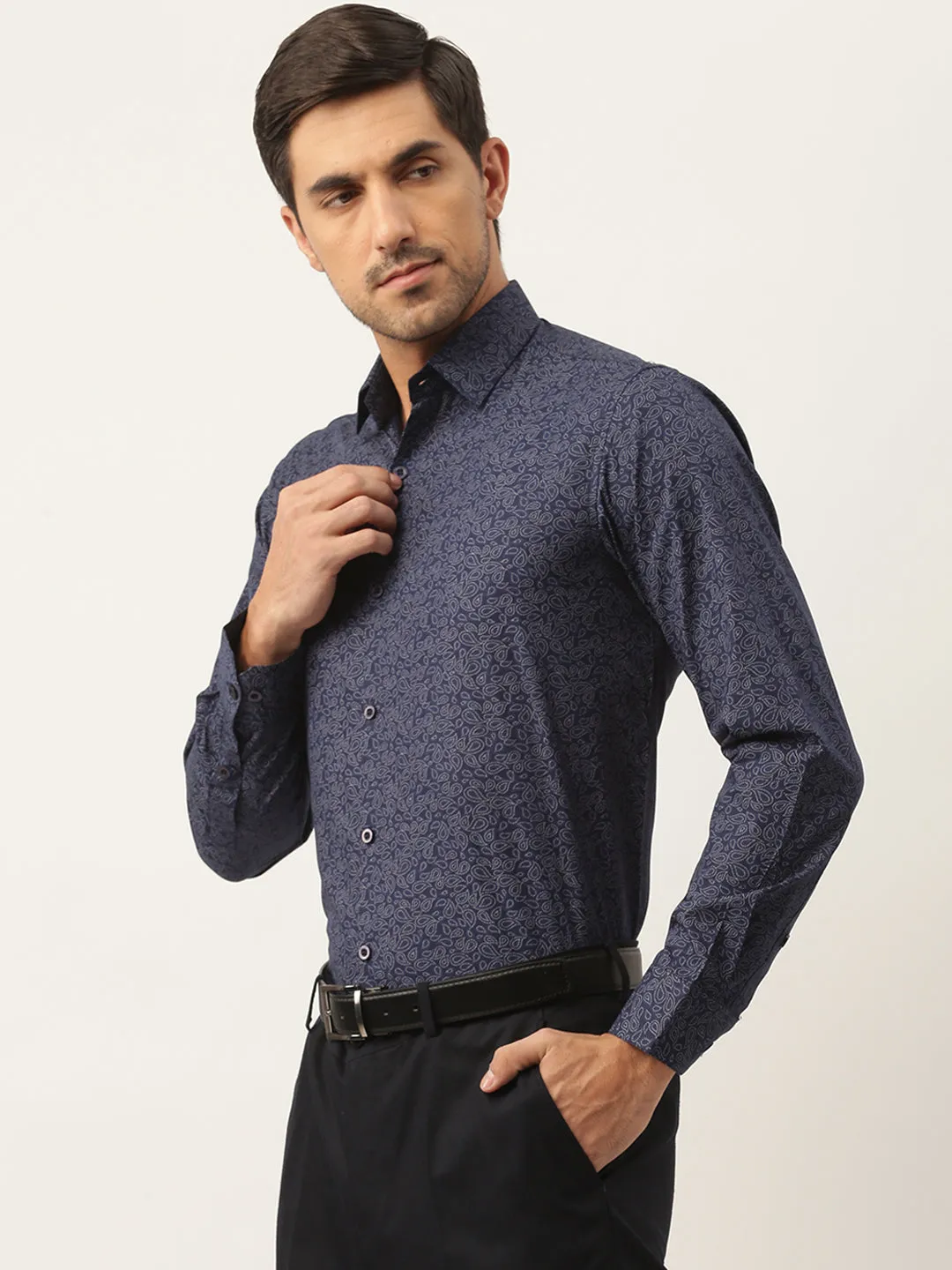 Mens Cotton Navy Blue & Silver Printed Formal Shirt - Sojanya