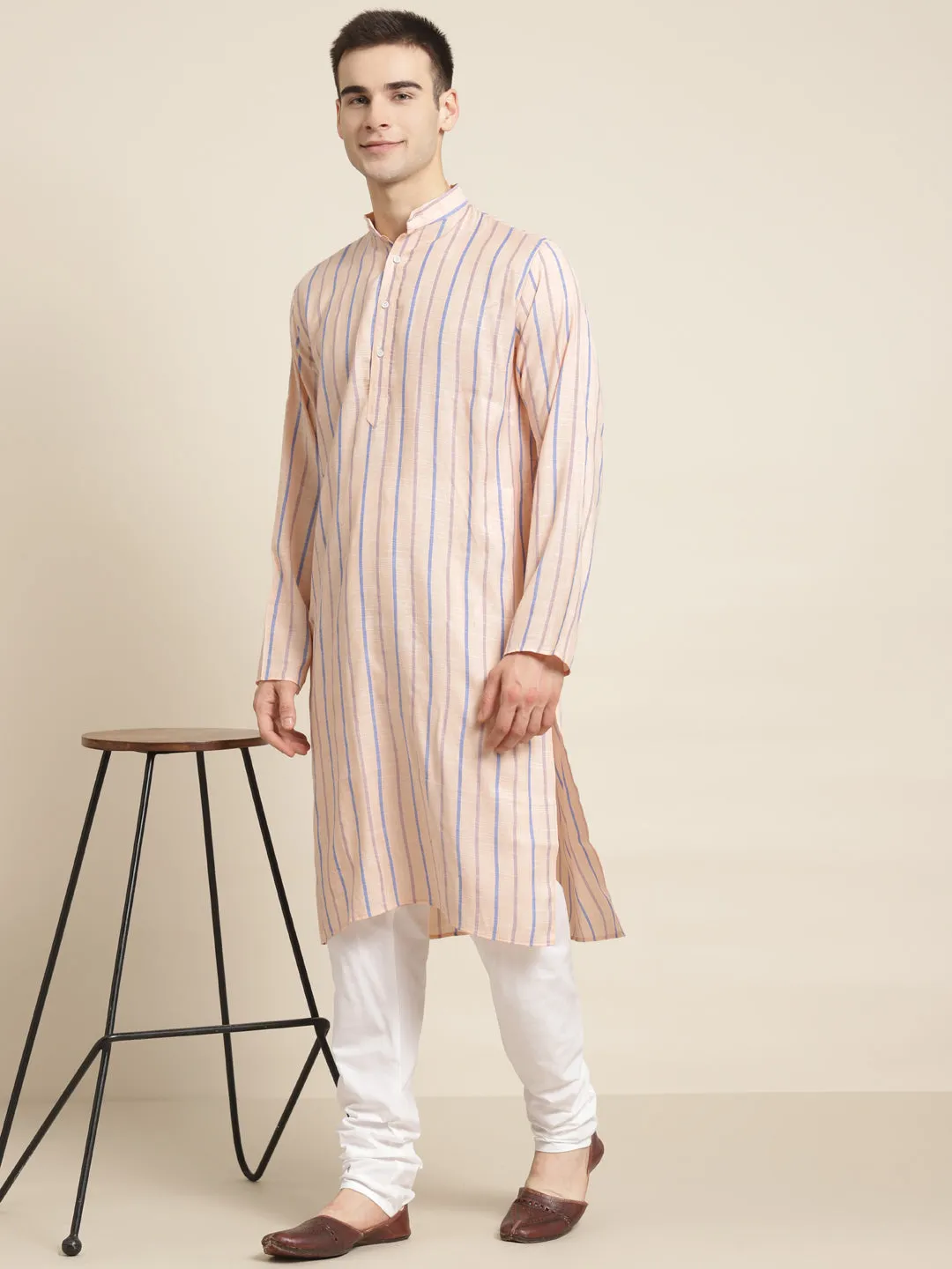 Men's Cotton Peach Orange Kurta & White Churidar Pyjama Set - Sojanya