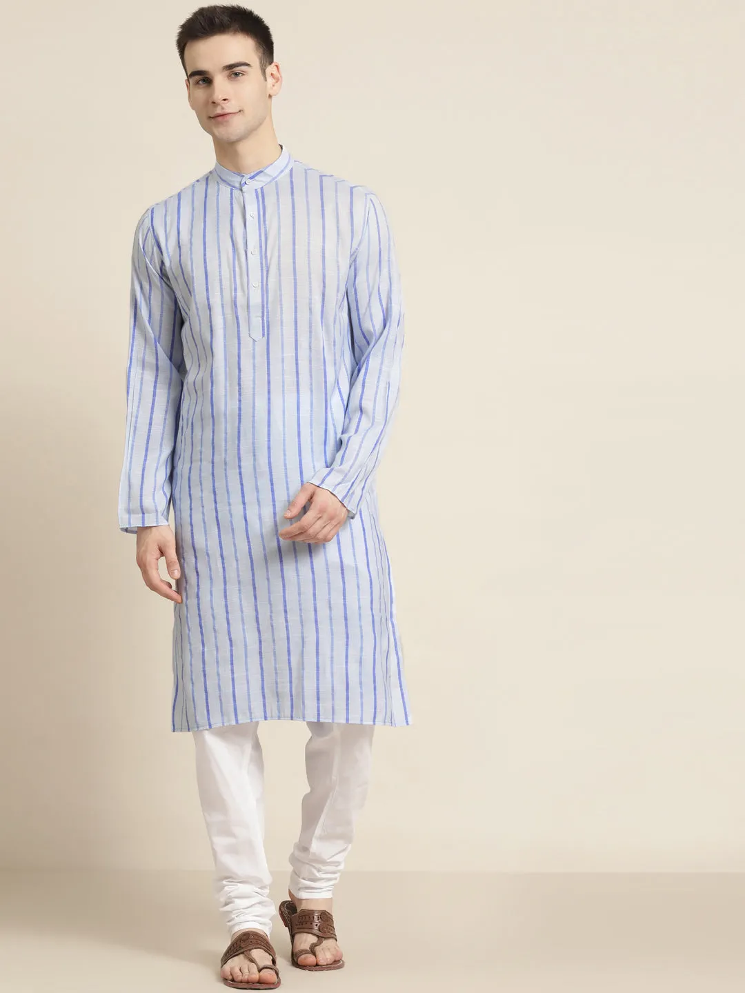 Men's Cotton Sky Blue Kurta & White Churidar Pyjama Set - Sojanya