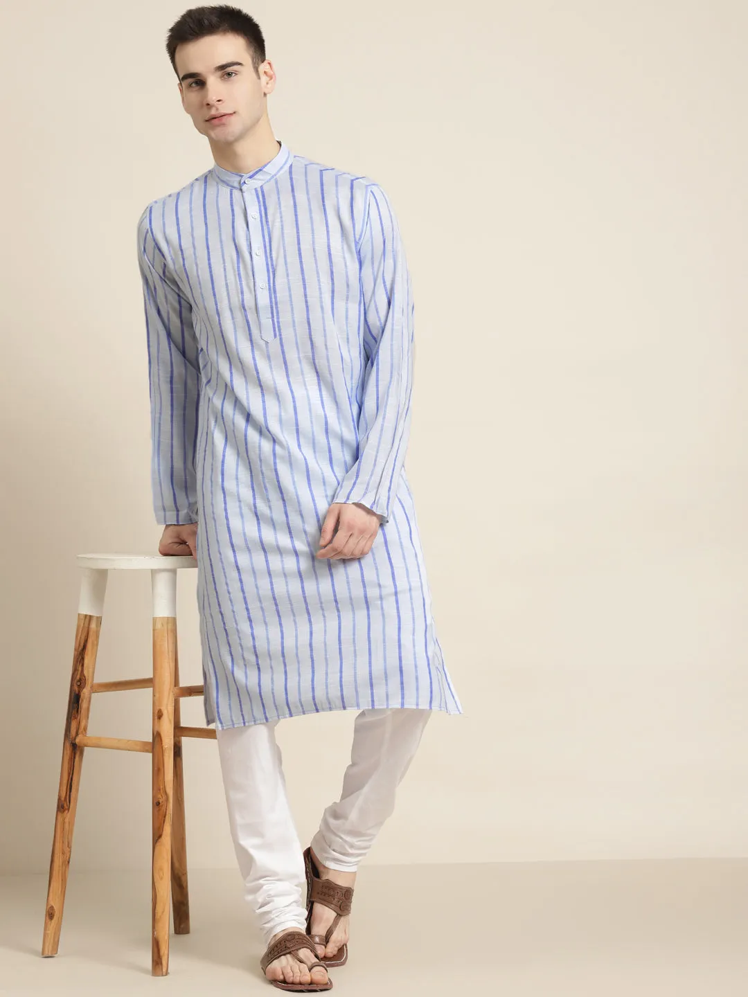 Men's Cotton Sky Blue Kurta & White Churidar Pyjama Set - Sojanya