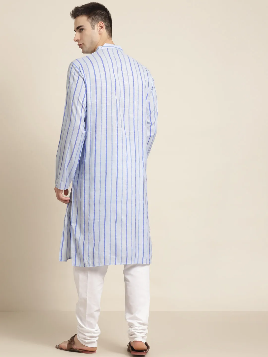 Men's Cotton Sky Blue Kurta & White Churidar Pyjama Set - Sojanya