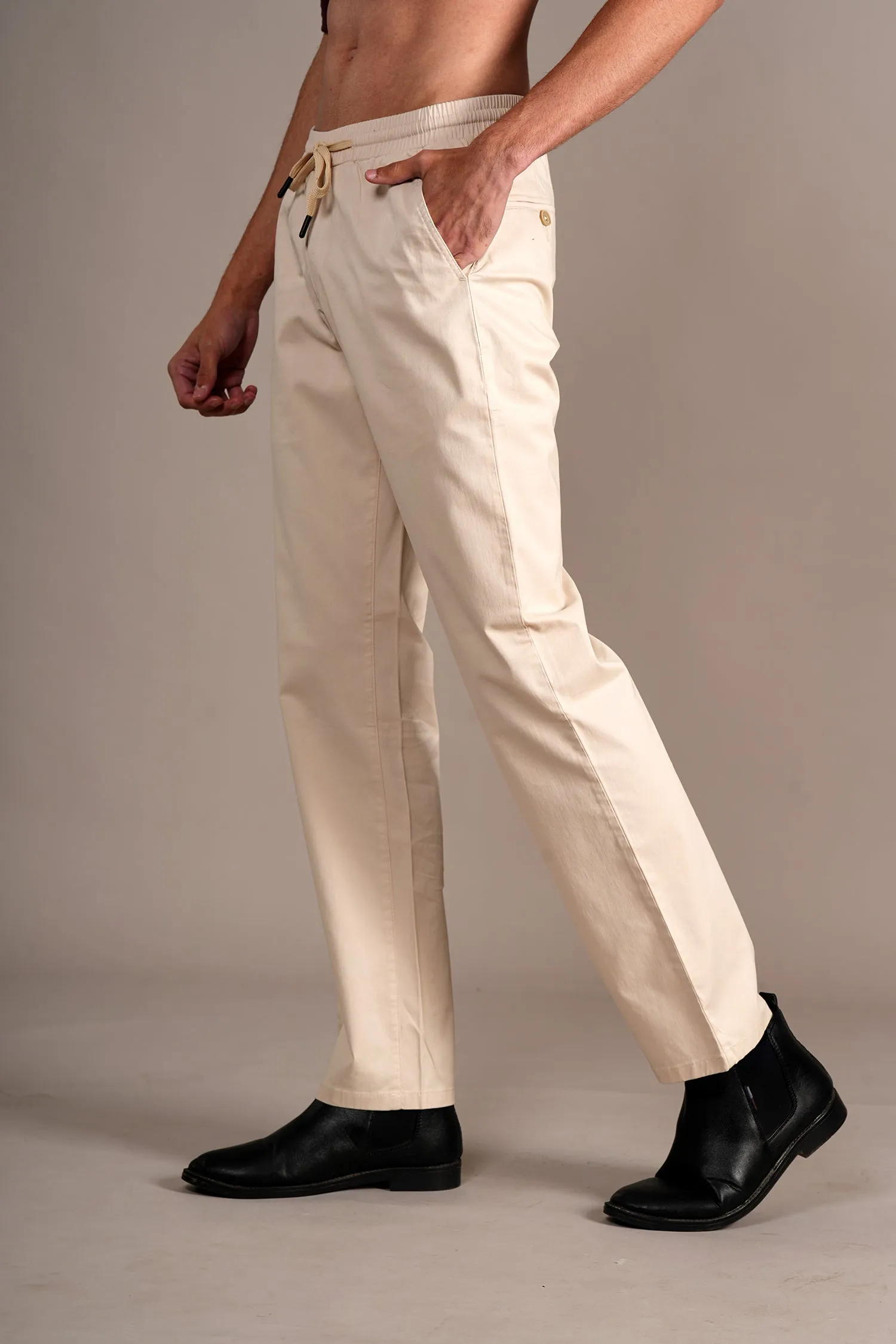 Men's Cream Non-Pleated Casual Trouser