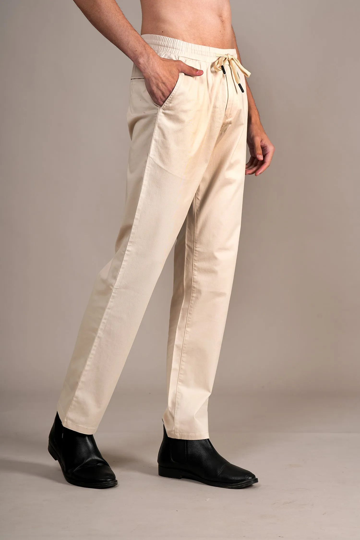 Men's Cream Non-Pleated Casual Trouser