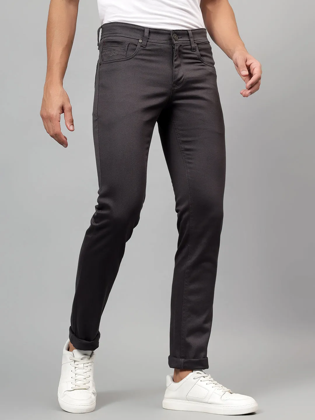 Men's Dark Grey Self-Design Non-Pleated Casual Trouser