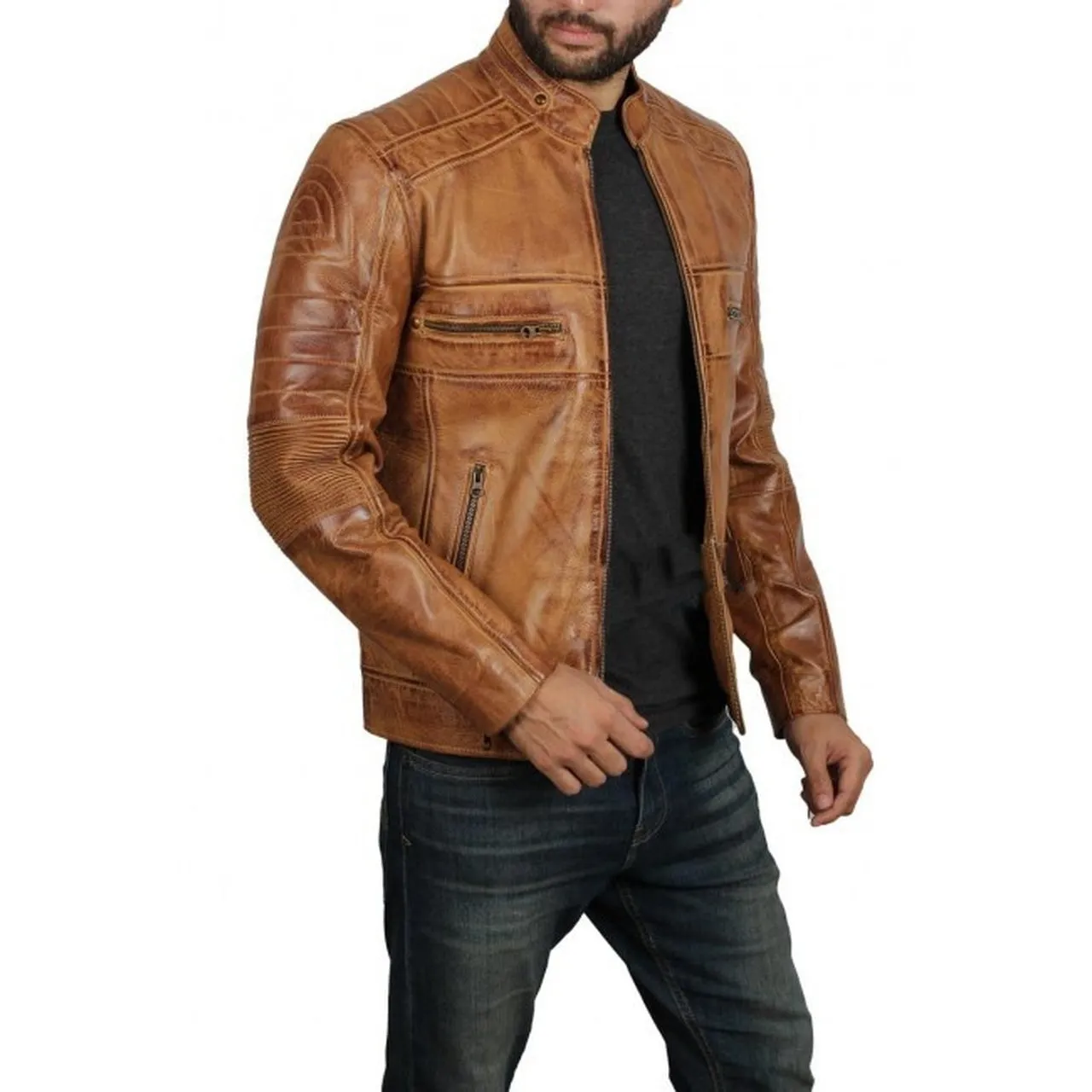 Men's Distressed Cafe Racer Brown Leather Jacket