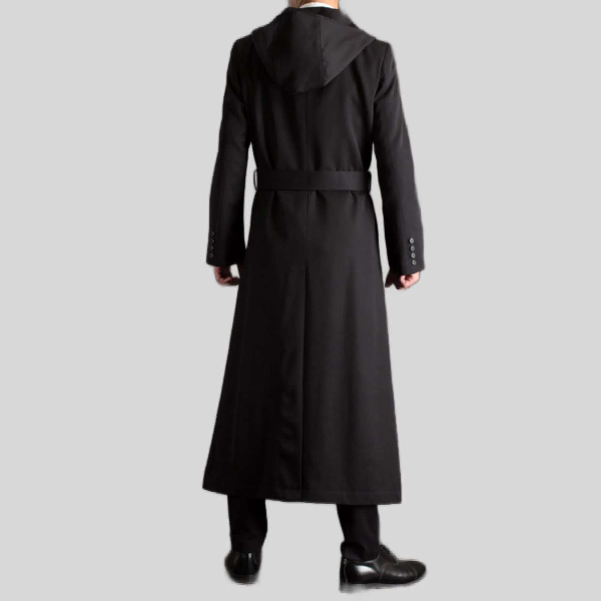 Mens Fashion Casual Zip Up Hooded Style Long Wool Coat