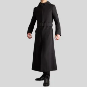 Mens Fashion Casual Zip Up Hooded Style Long Wool Coat