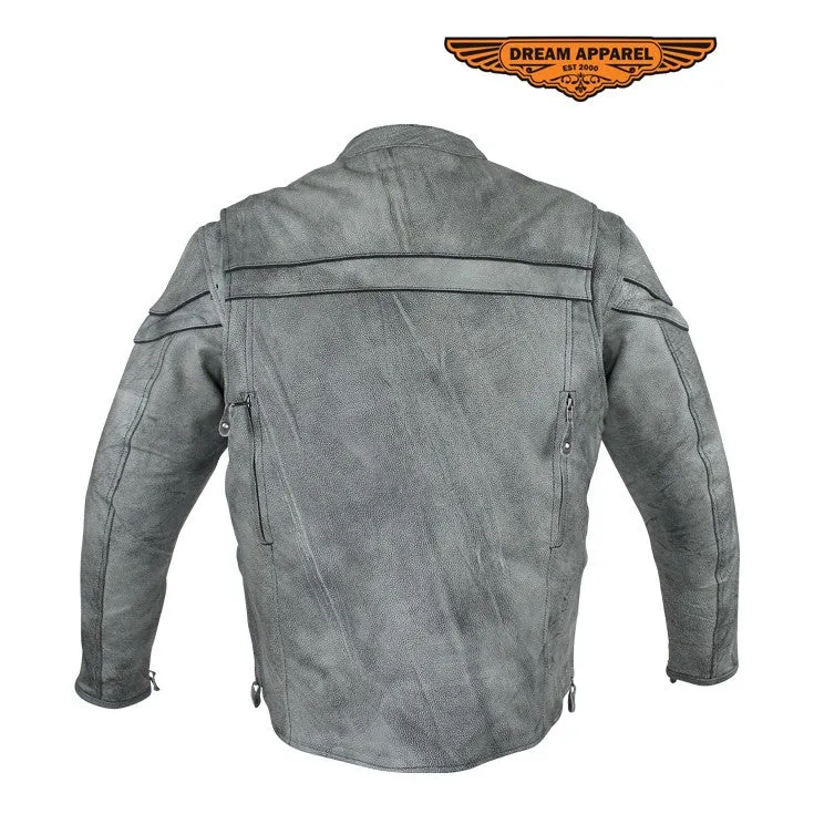 Mens Gray Naked Cowhide Leather Motorcycle Jacket With Zipper On Front