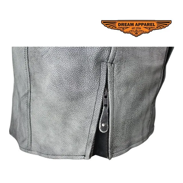 Mens Gray Naked Cowhide Leather Motorcycle Jacket With Zipper On Front