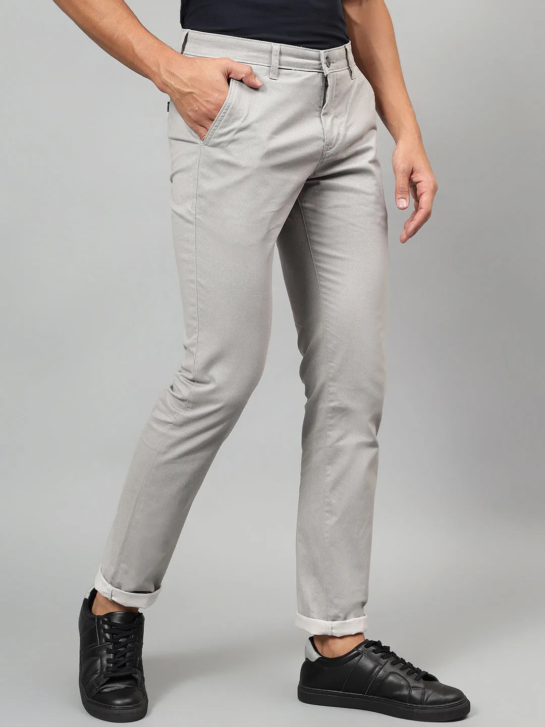 Men's Grey Self-Design Non-Pleated Casual Trouser