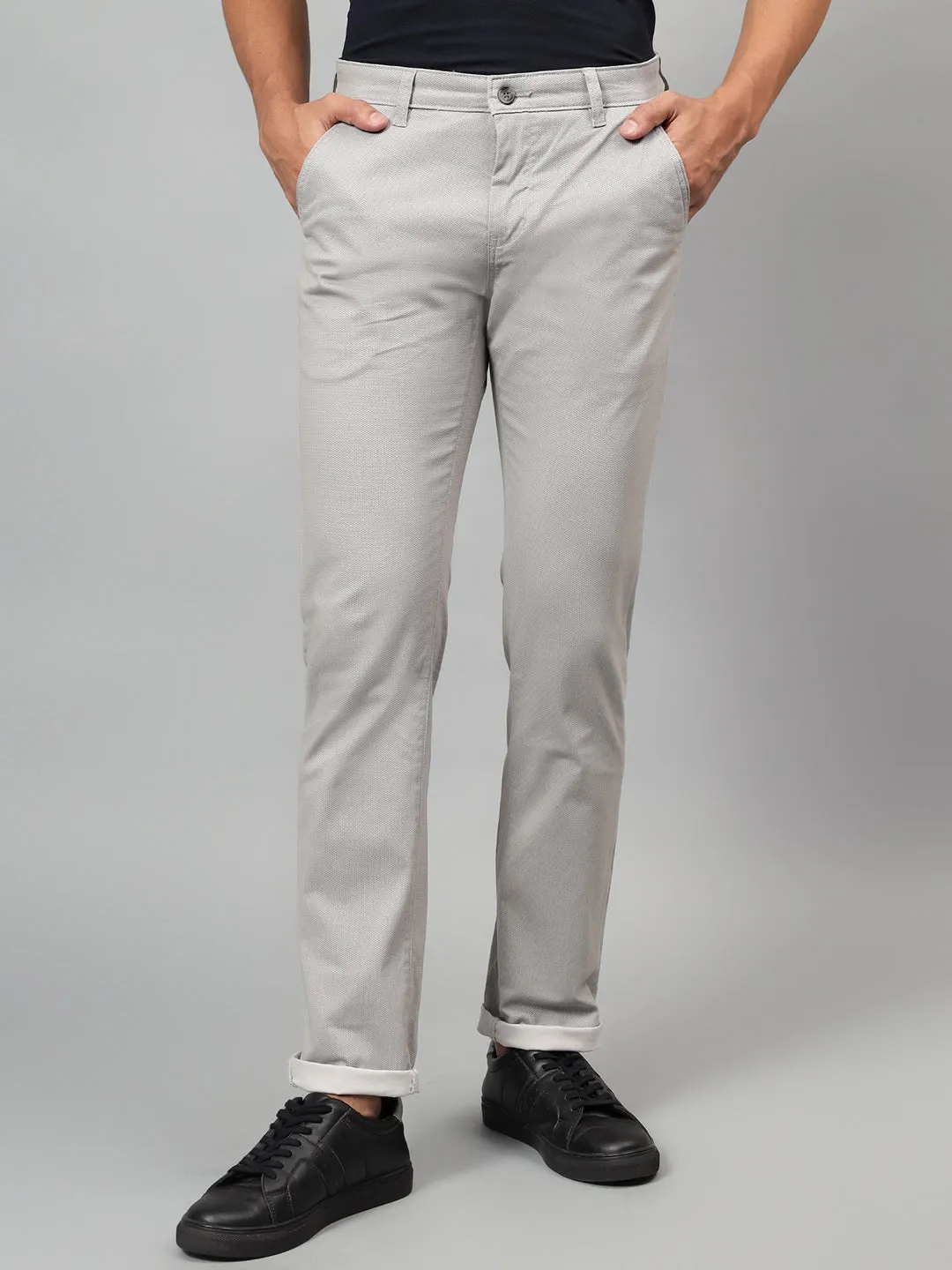 Men's Grey Self-Design Non-Pleated Casual Trouser