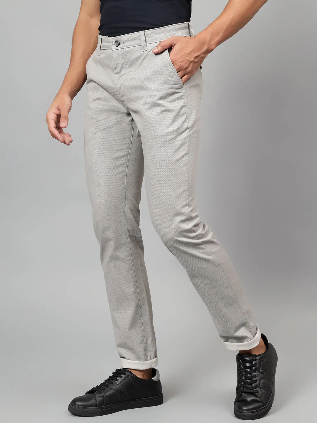 Men's Grey Self-Design Non-Pleated Casual Trouser