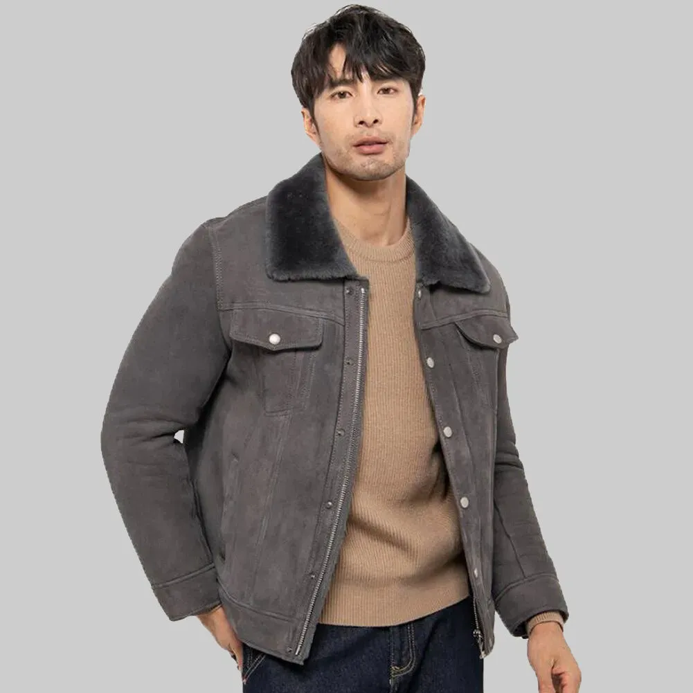 Men's Grey Shearling Suede Jacket - Sheepskin Coat