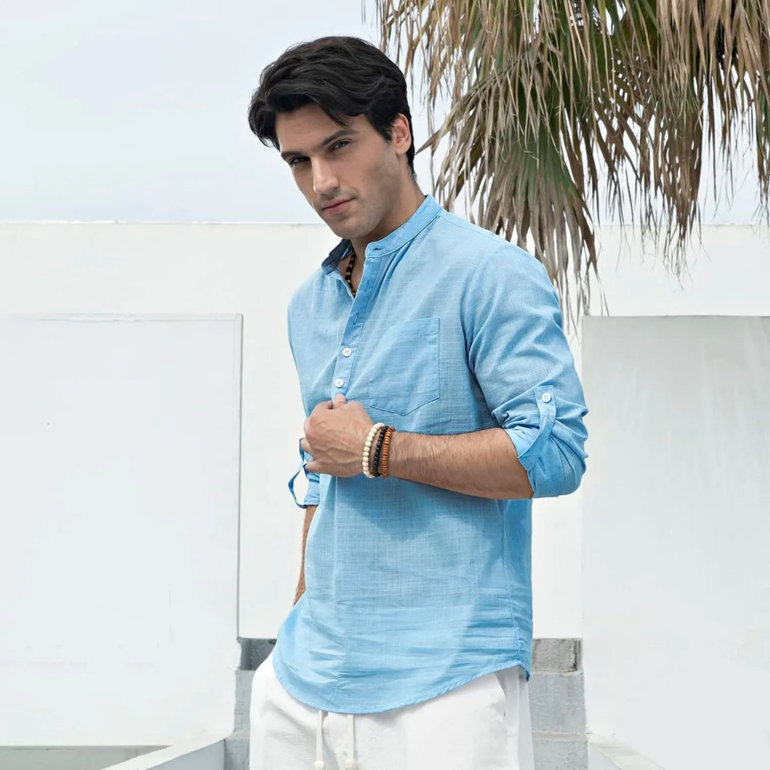 Men‘s Henley Shirt Linen with Pocket - SKY BLUE