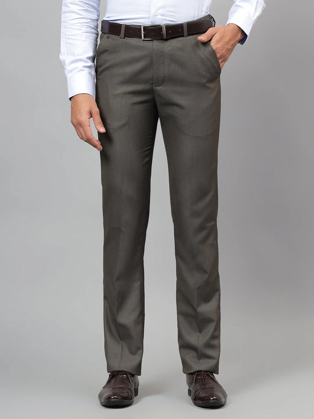 Men's Khaki Self-Design Non-Pleated Formal Trouser