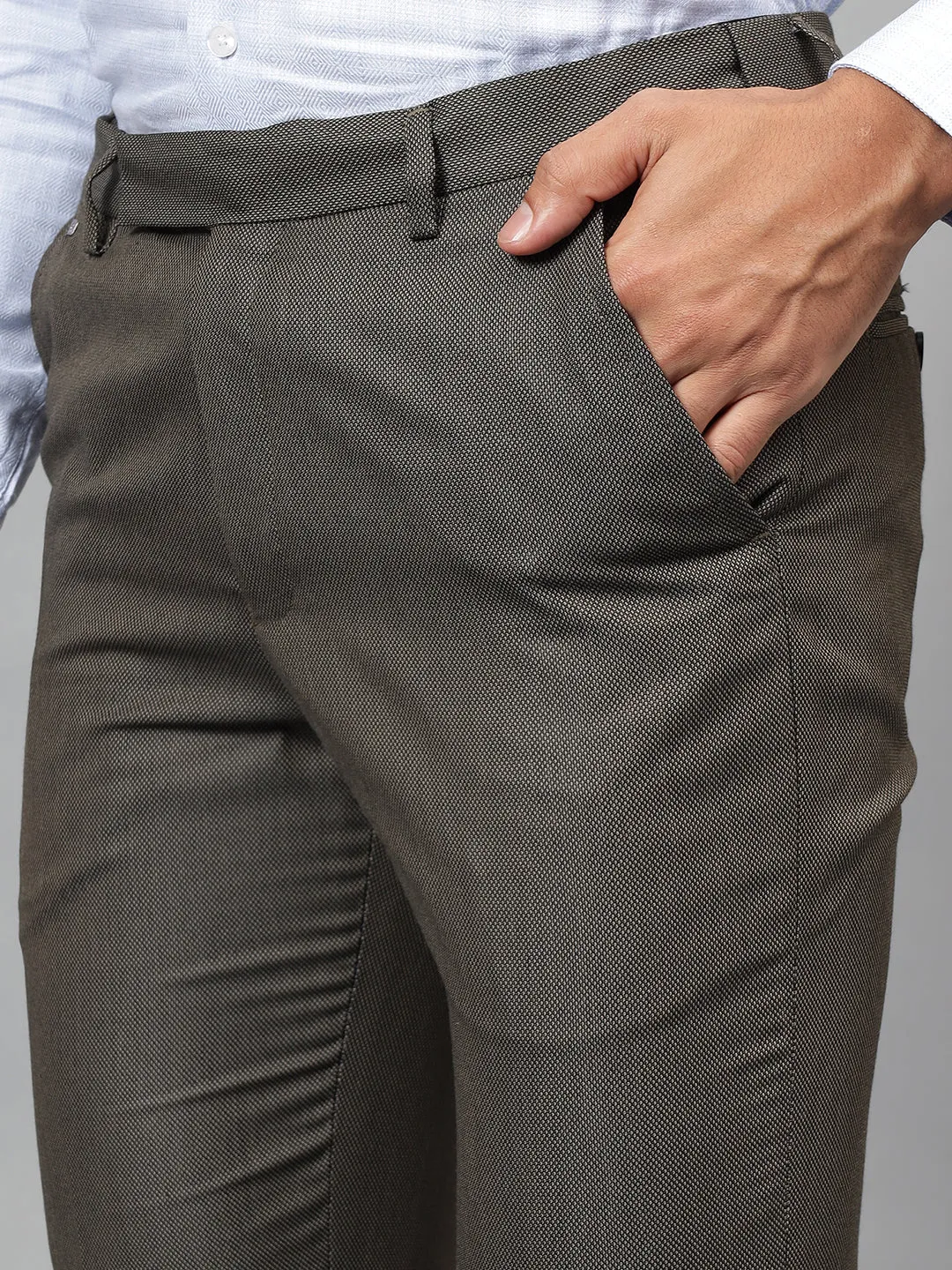 Men's Khaki Self-Design Non-Pleated Formal Trouser