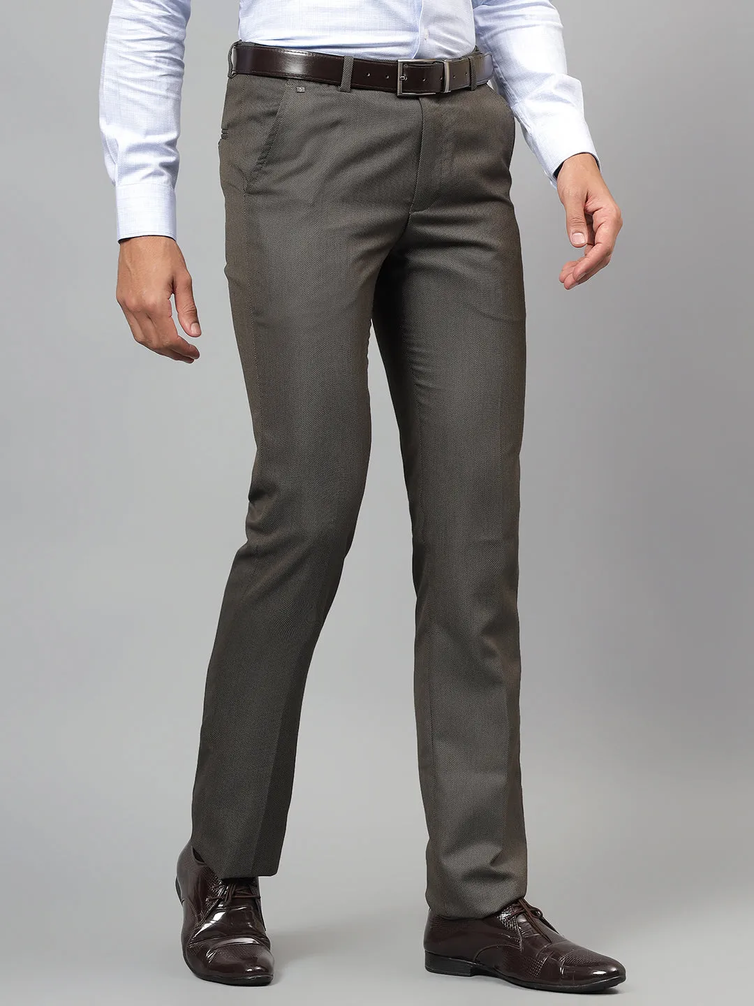 Men's Khaki Self-Design Non-Pleated Formal Trouser