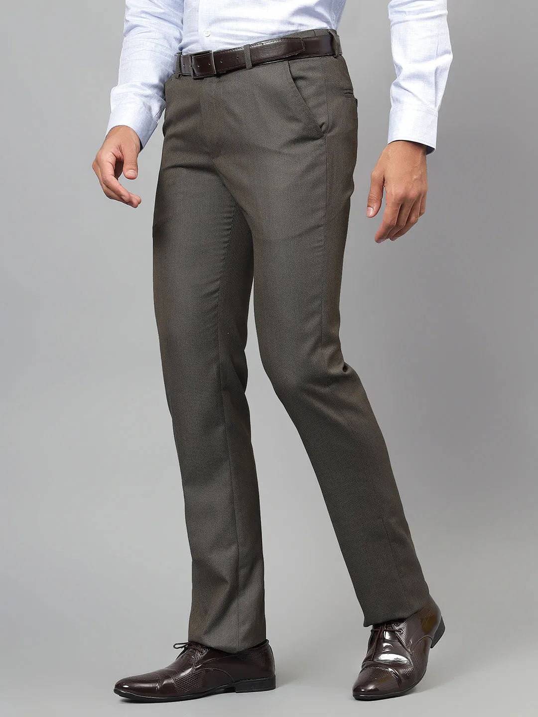 Men's Khaki Self-Design Non-Pleated Formal Trouser