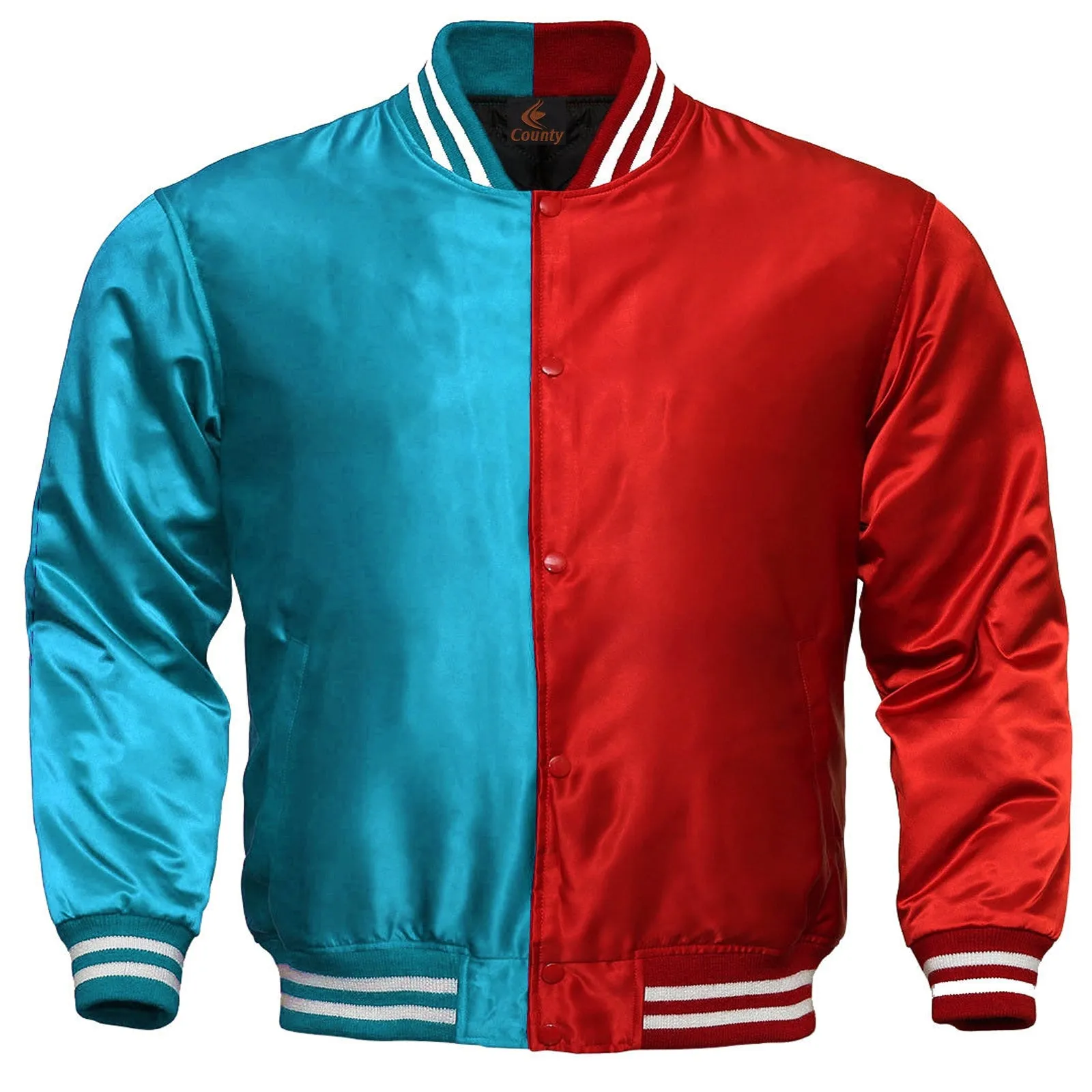 Mens Letterman Jacket Turquoise Red Satin Jacket Team Varsity Jackets