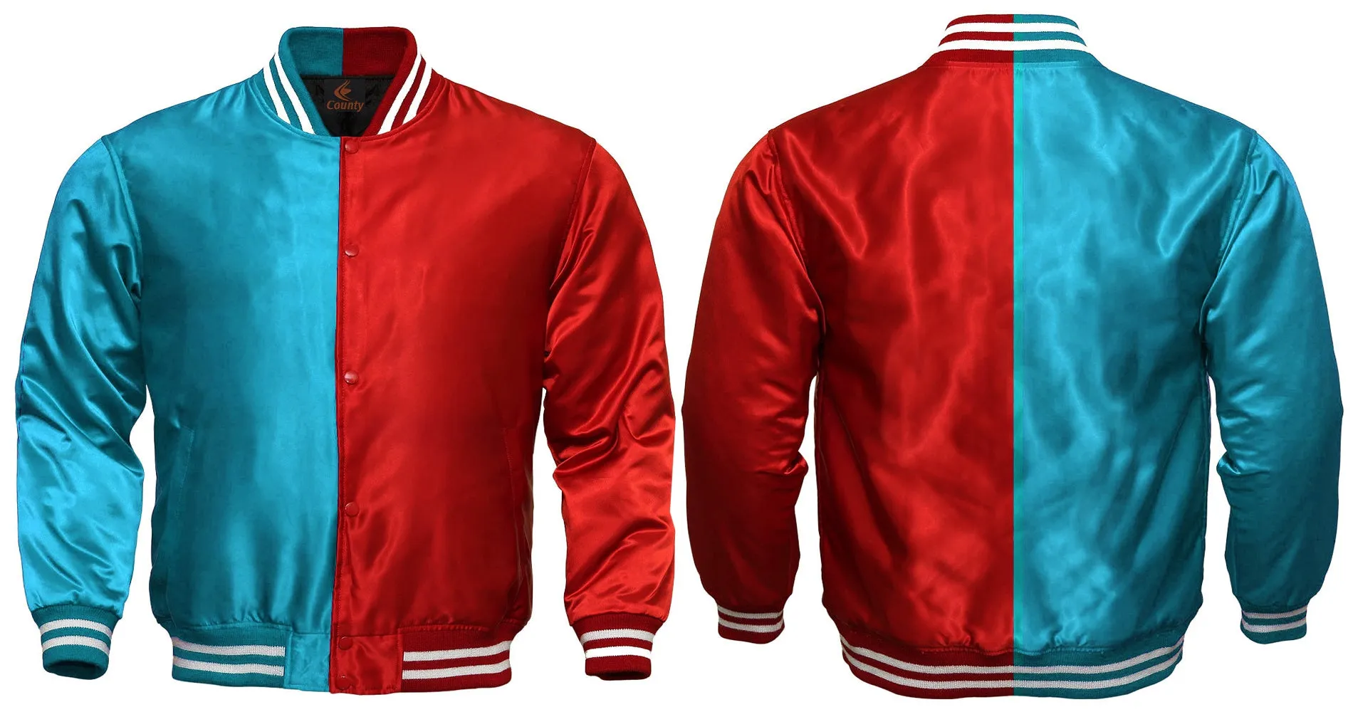 Mens Letterman Jacket Turquoise Red Satin Jacket Team Varsity Jackets