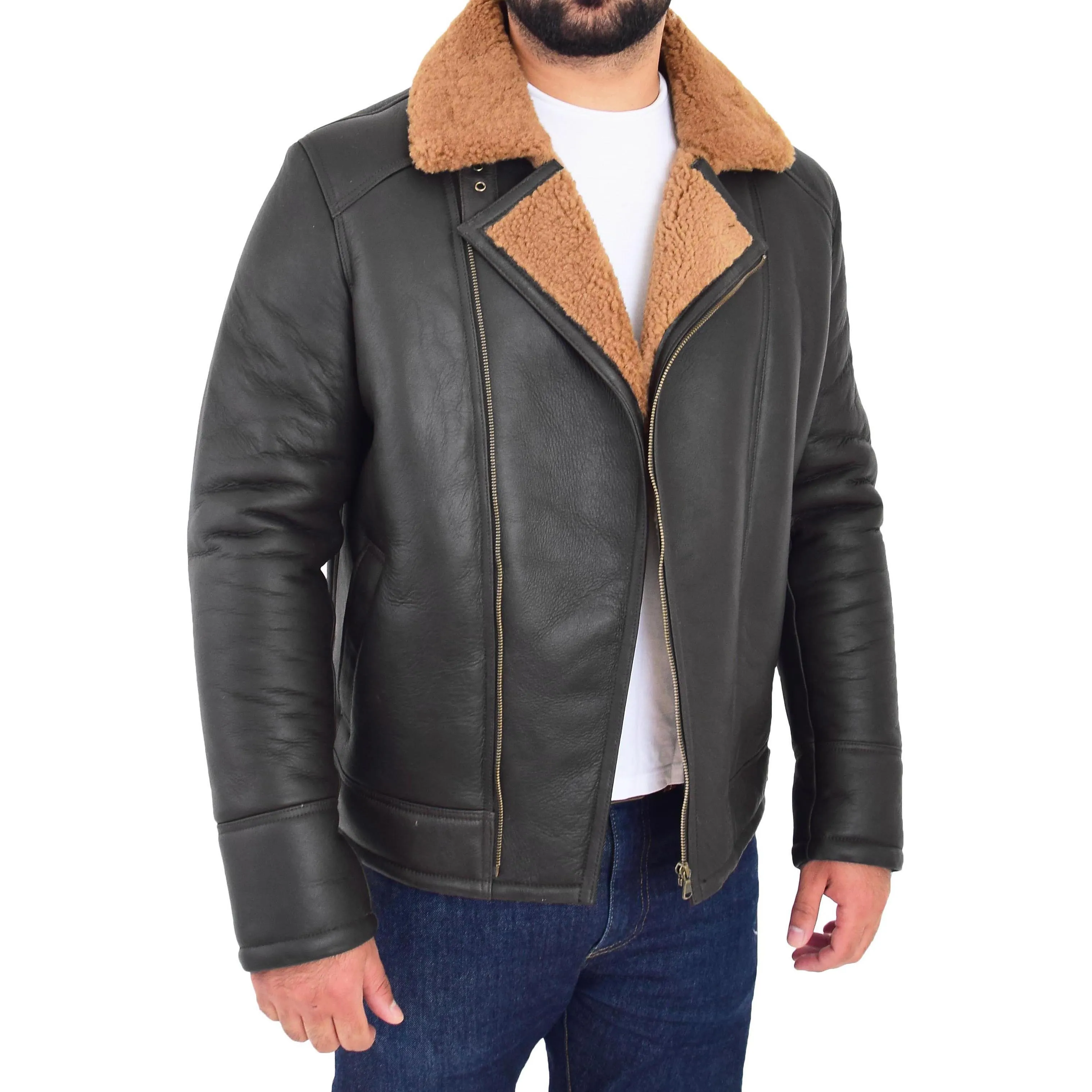 Mens Real Sheepskin Flying Jacket X-Zip Shearling Aviator Bomber Stealth Brown Ginger