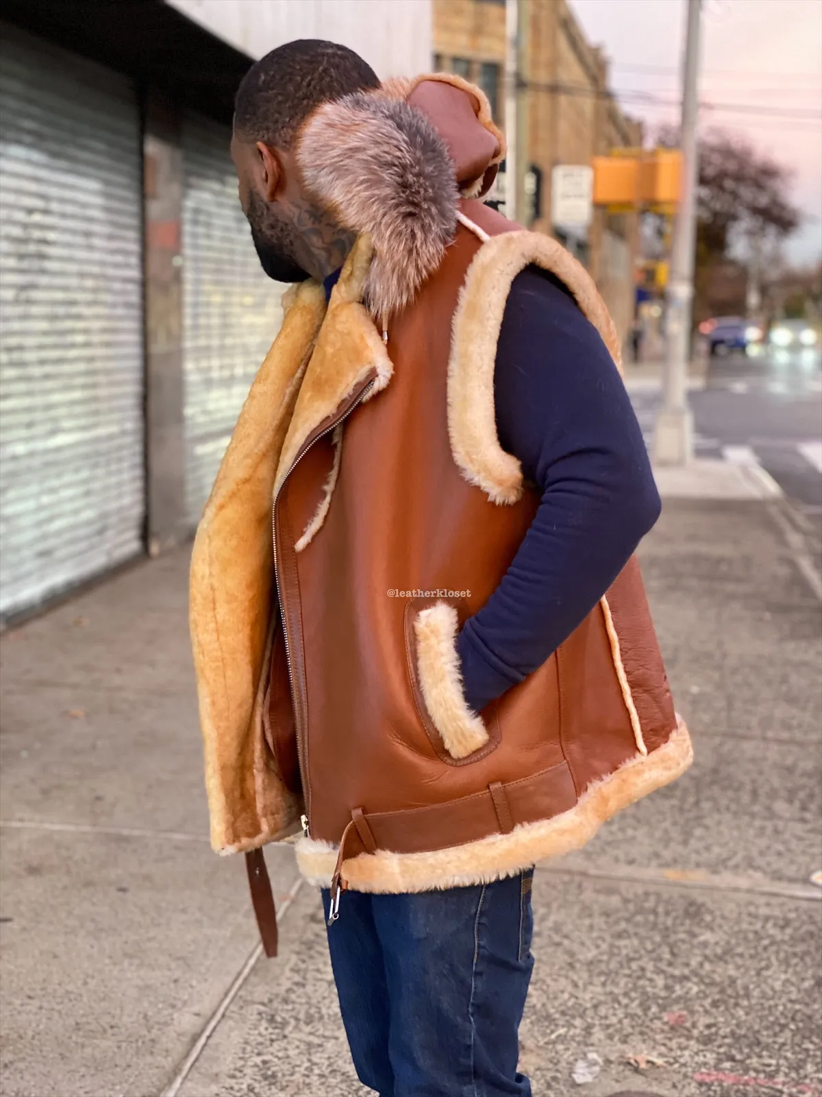 Men's Real Sheepskin Shearling Vest With Fox [Tan Napa]