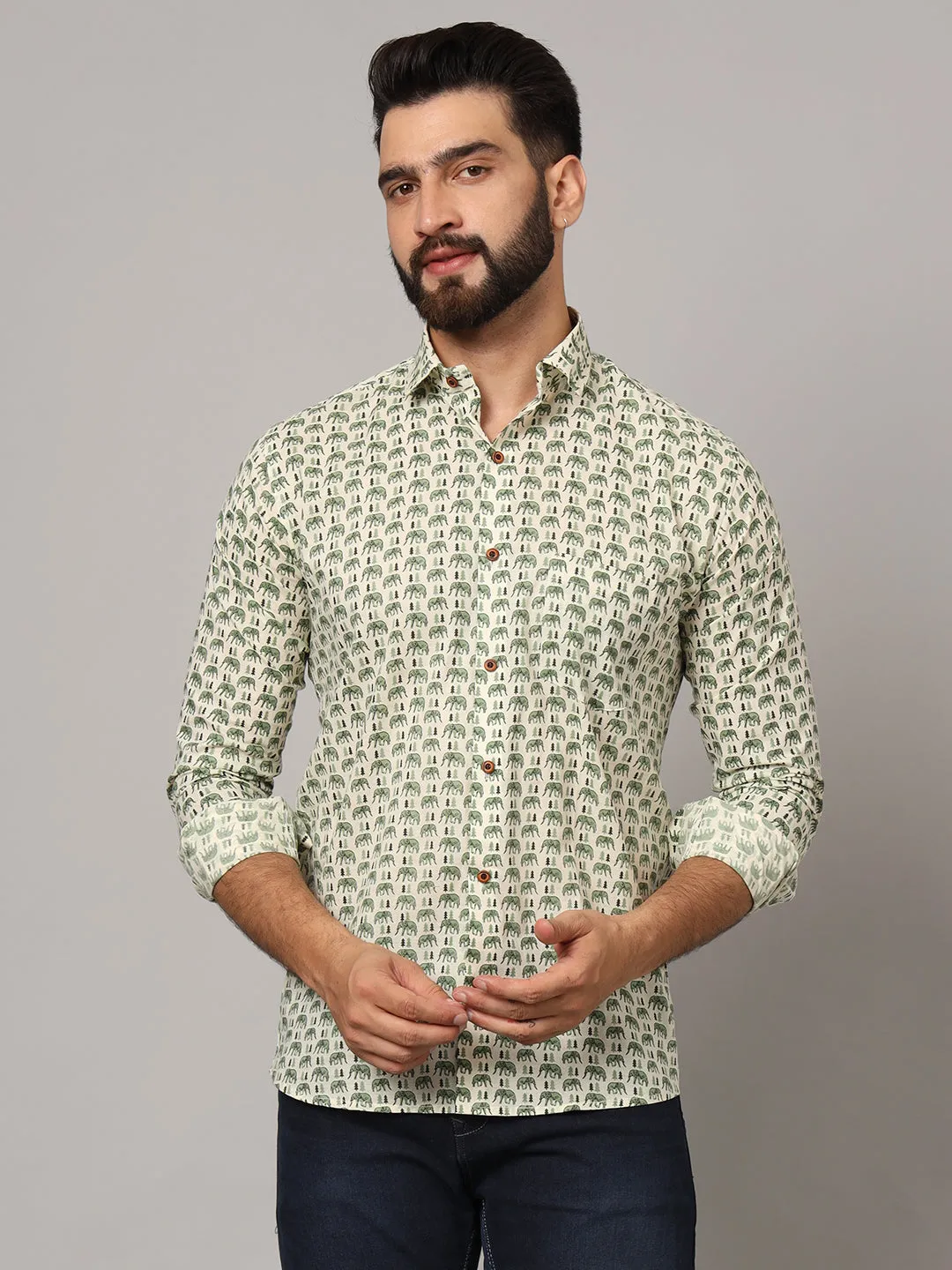 MILLENNIAL MEN Green Ethnic Motif Pure Cotton Regular Fit Casual Shirt