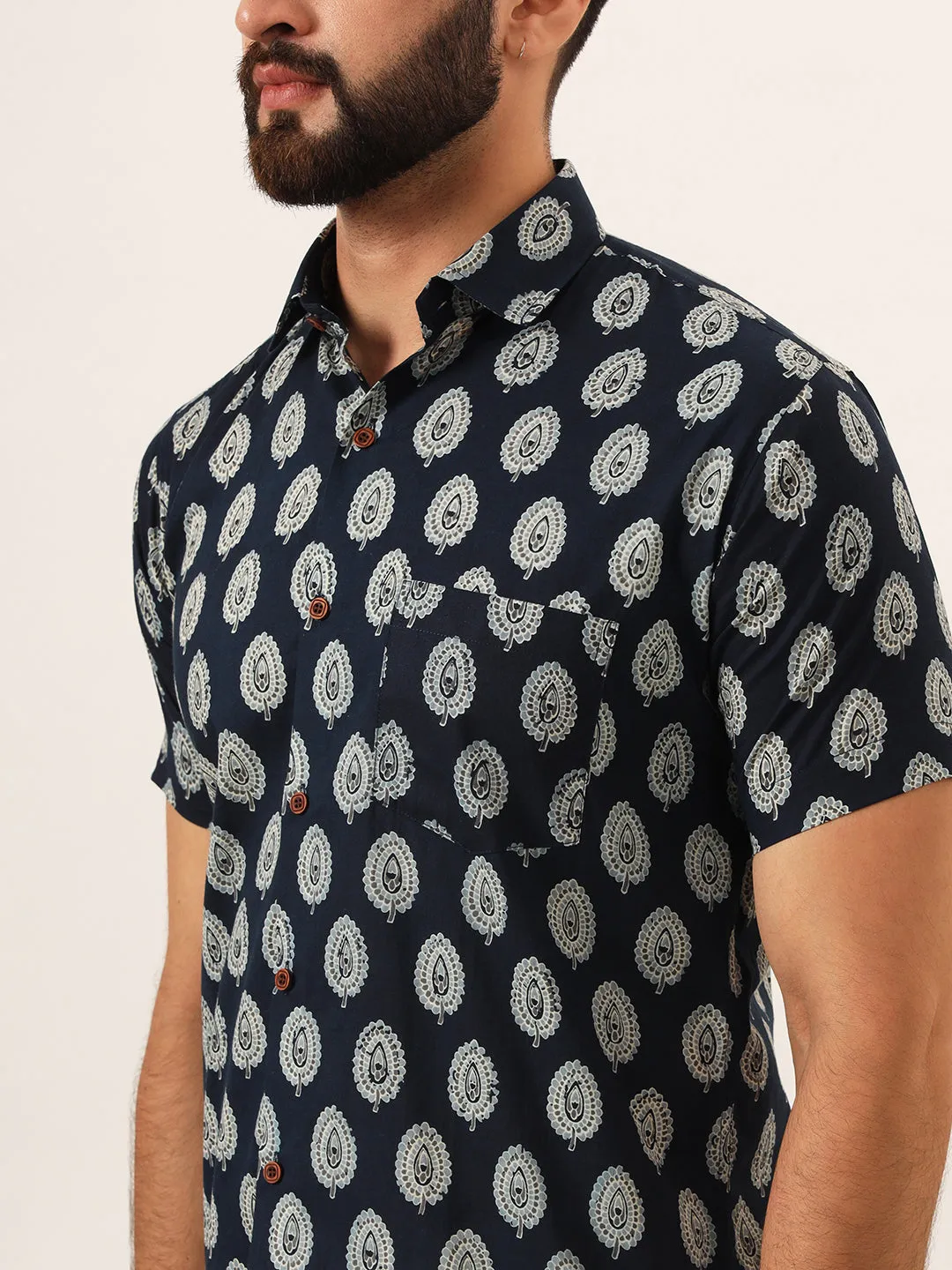 MILLENNIAL MEN Navy Blue Floral Print Pure Cotton Regular Fit Casual Shirt