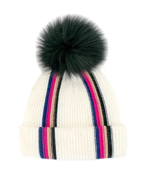 Mitchie's | Modern Stripes Knitted Hat with Fox Fur Pom | Women's