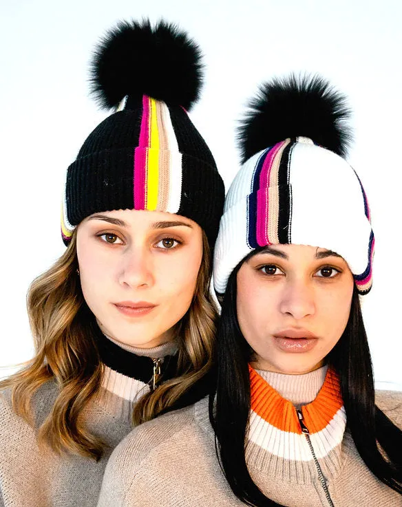 Mitchie's | Modern Stripes Knitted Hat with Fox Fur Pom | Women's