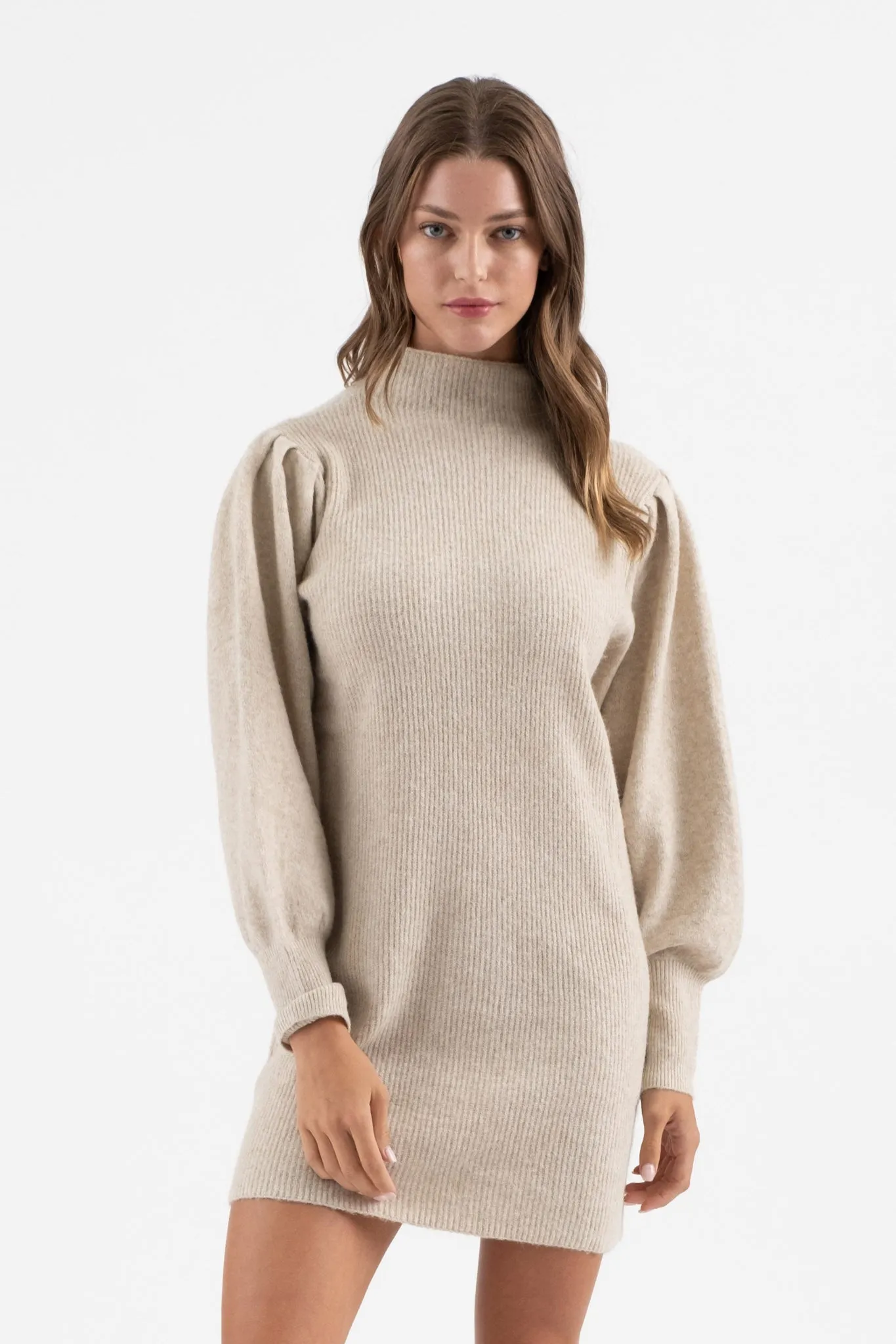 MOCK NECK LONG PUFF SLEEVE KNIT SWEATER DRESS